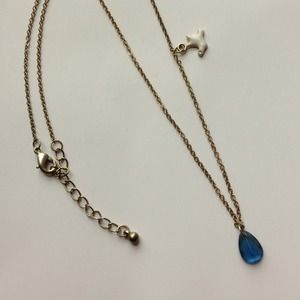 Metal necklace, blue drop+white bird, rustic gold