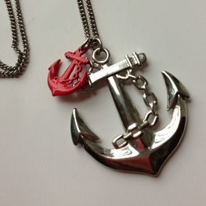 Metal long necklace, red & silver anchors