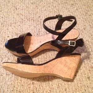 Never Worn Black Patent Cork Wedges