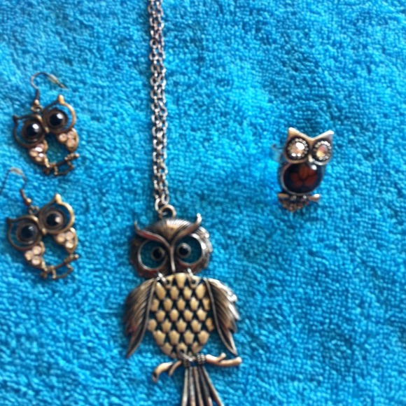 Owl necklace, earring and ring set
