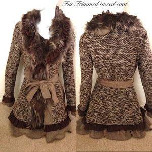 Real Fur Trimmed Tweed Coat