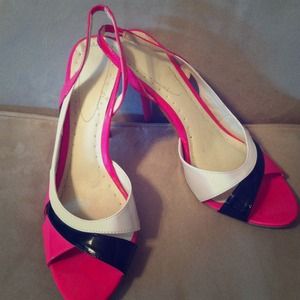 Black, white and pink high heels