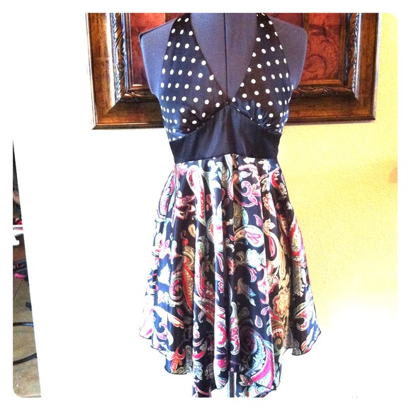 Party dress, B&W polka dot/ paisley print skirt