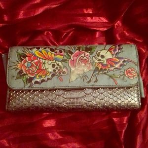 Silver ostrich leather Ed Hardy tri fold wallet