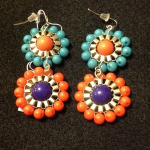 Coral, blue, turquoise, & gold accent earrings.