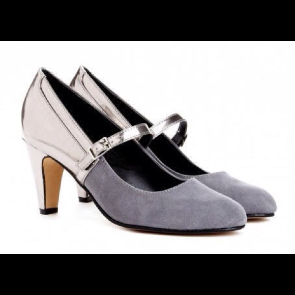brand new gray suede and silver patent pumps