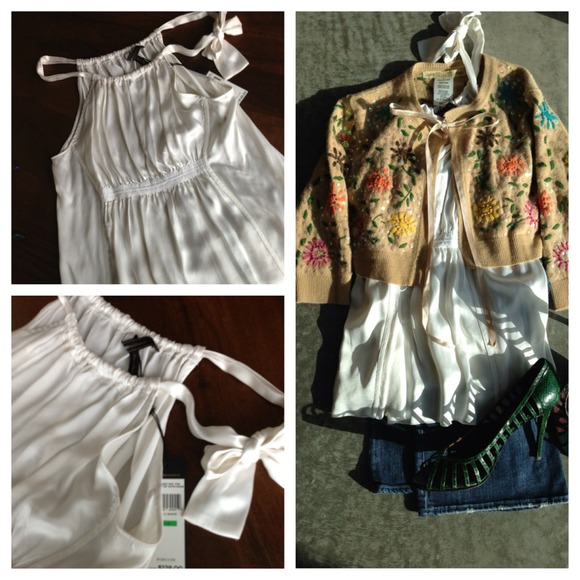 BCBG silk white tank with ribbon closure
