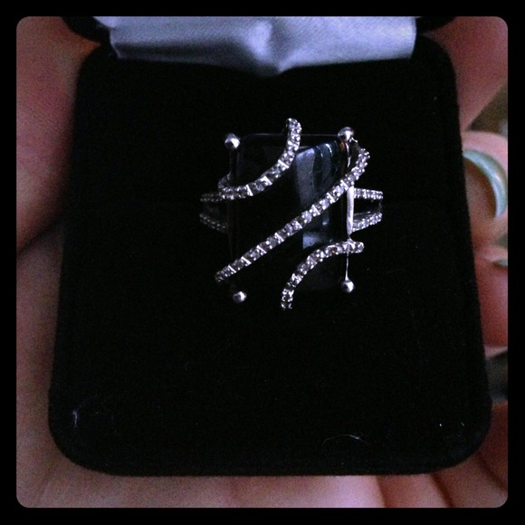 Diamond Wrapped Onyx Sterling Silver Ring Sz 7