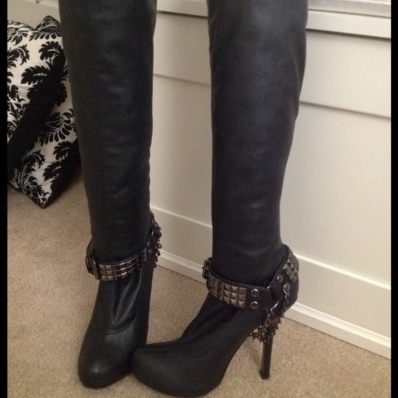 Bebe "Studs and Chains" Knee High Boots, black