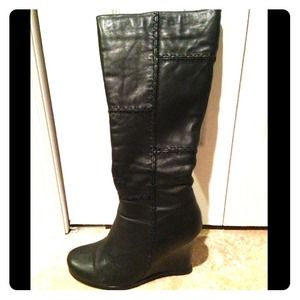 Black leather wedge boots