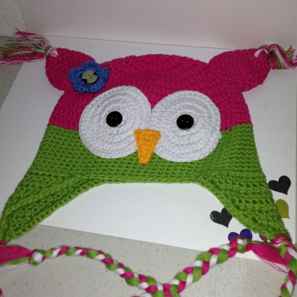 Pink and green owl knitted baby hat
