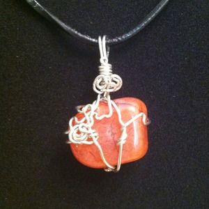 Silver wire orange/red carnelian gemstone pendant