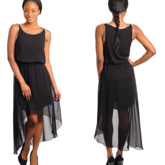 Black chiffon high low sleeveless gold trim dress