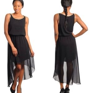 Black chiffon high low sleeveless gold trim dress