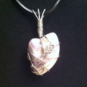 Large silver wire and white/purple quartz pendant