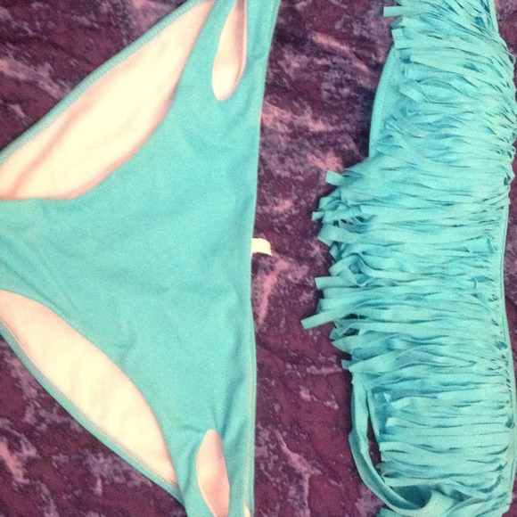 Blue fringe bandeau bikini!