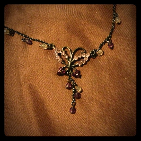 Antique looking Purple Crystal Butterfly necklace