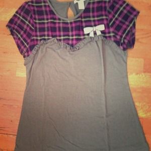 Purple plaid shirt with bow