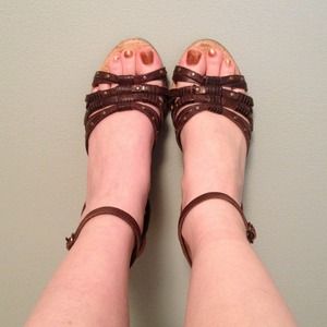 Brown studded strappy wedges