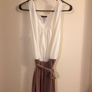 Cream and brown dress with brown tie