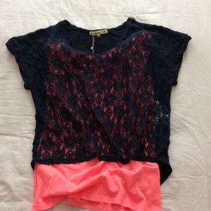 Cotton lace+knit top, dk navy, Japan size L