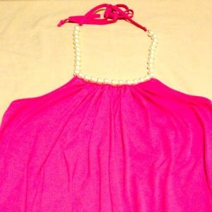 Hot pink halter top with pearl necklace ties