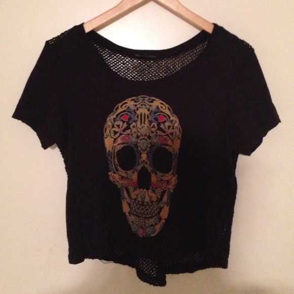 Urban Outfitters Tops - ❌SOLD❌Black Skull Crop Top with Net Sheer Back