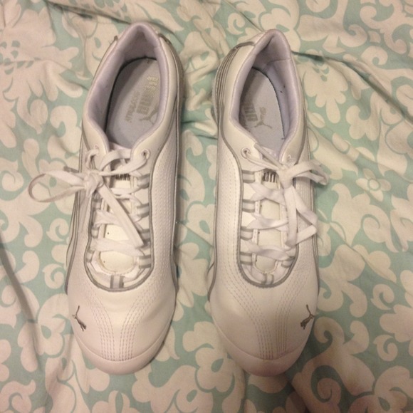 White and grey puma cheer shoes