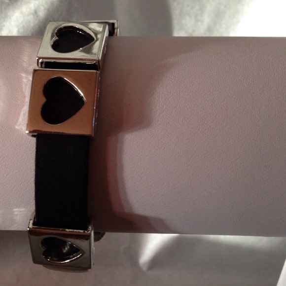 Black Leather Band with Four Silvery Hearts - Picture 2 of 2