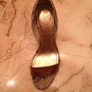 BCBG snake print bronze platform sandals