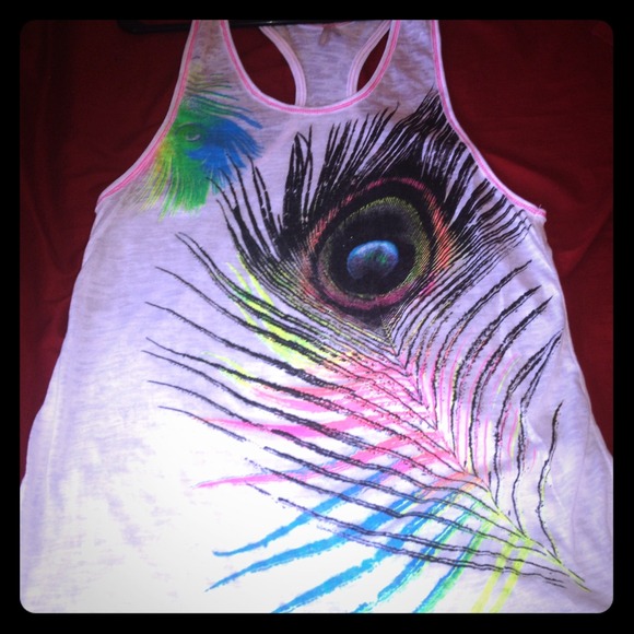 Racerback burnout tank with neon peacock design