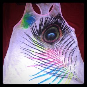 Racerback burnout tank with neon peacock design