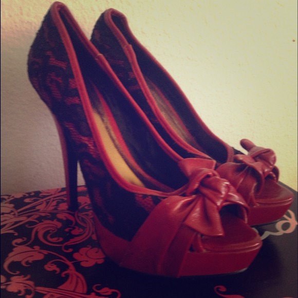 Red faux leather and black lace heels