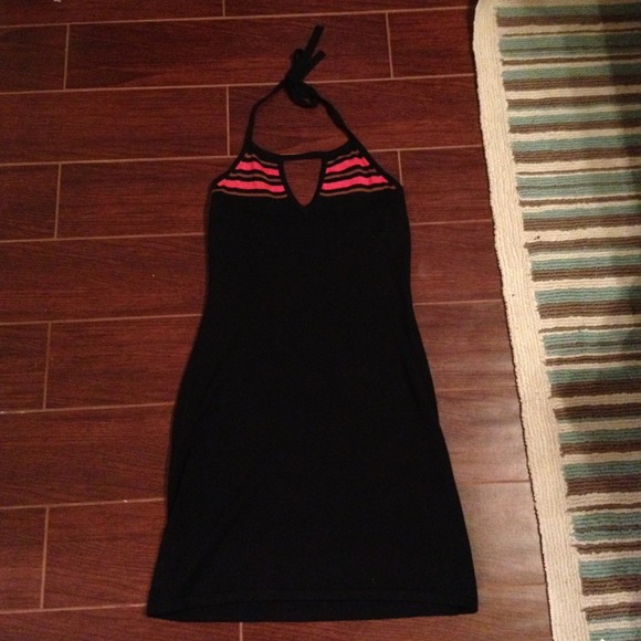 😍Black & orange striped Guess halter dress sz L😍 - Picture 1 of 3