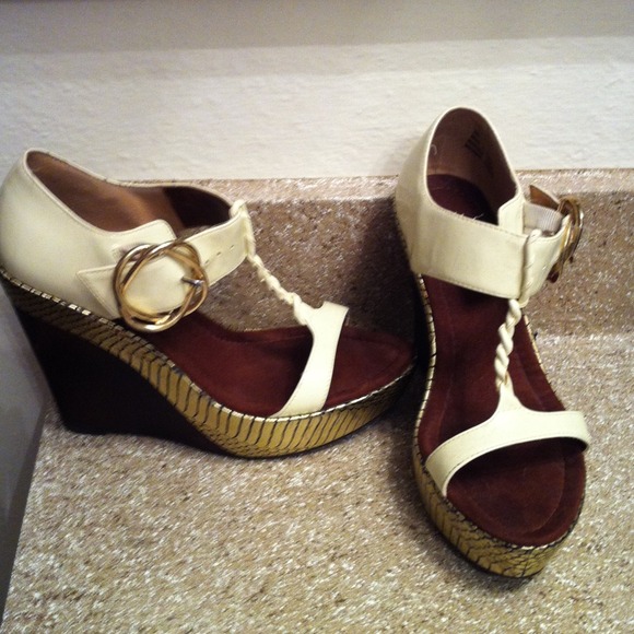 White and brown wedge sandals