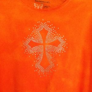 Bright orange top & gorgeous rhinestone cross!