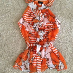 Orange Chiffon Ruffled Sleeveless Blouse