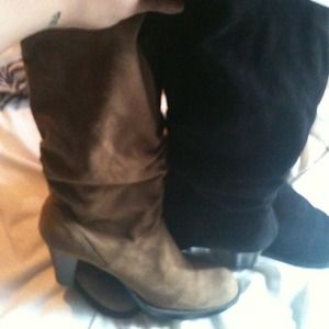 Two pair of high heel suede boots in tan and black