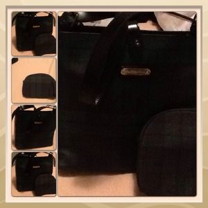 Plaid short handle shoulder bag and cosmetic bag.