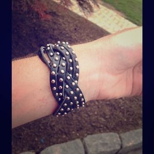 Leather woven cuff bracelet wth silver studs
