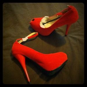 Red peep toe ankle strap shoe
