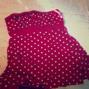 Red and white polka dot strapless top