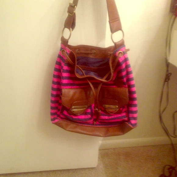 Navy and pink striped handbag