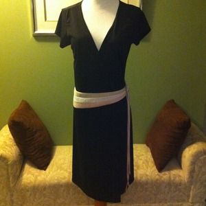 Black wrap dress with pink white and beige accent