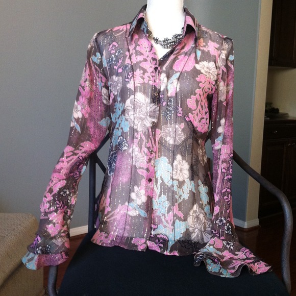 Tops - 100% Silk Sheer Print Blouse