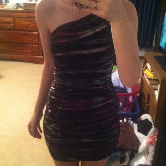 One shoulder black dress with silver and pink