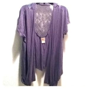 Grey short sleeve draped cardigan with lace back