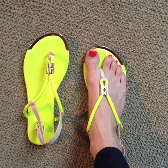 Neon sandals with gold accents