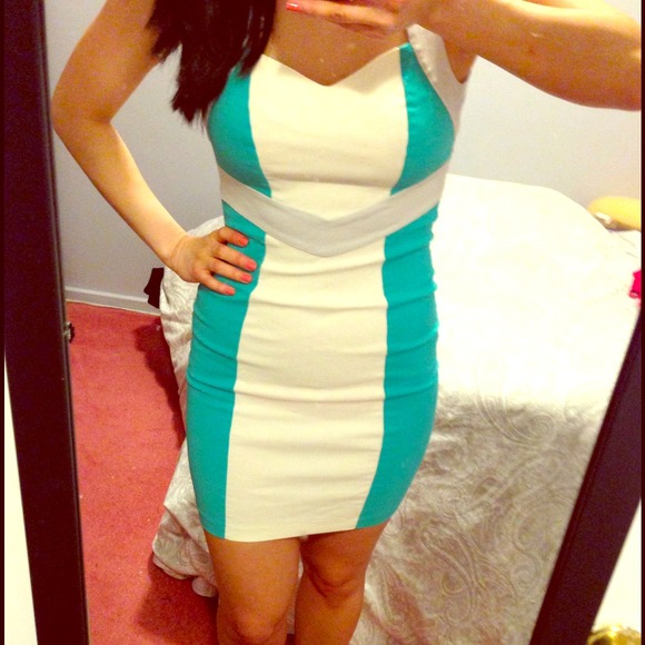 Asos Teal, grey and cream colorblock dress.