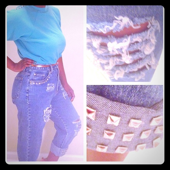 Denim - Distressed High Waist studded Boyfriend jeans